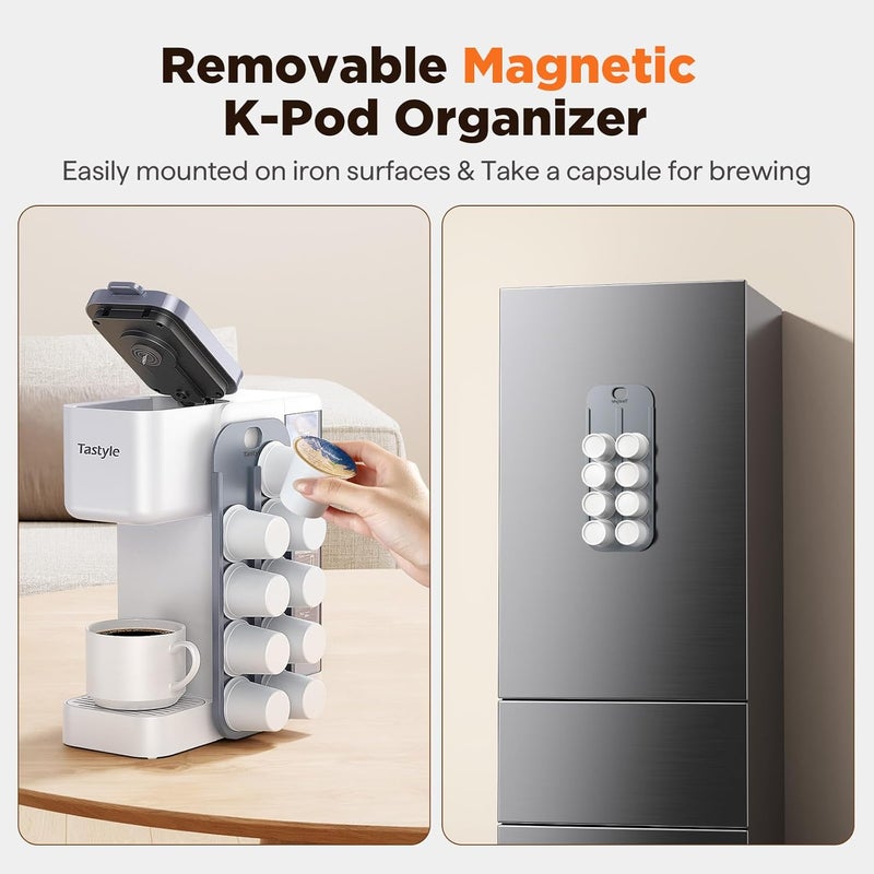 Tastyle Hot & Iced Coffee Maker with Magnetic K-Pod Organizer (Pods Not Included), Stores 10 Pods, 4-5 Cups Coffee Maker & Single-serve Brewer for K Cup & Grounds, 40oz Removable Water Tank, White - Image 3
